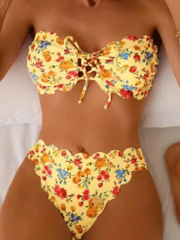 

Summer All Over Print Bikini Sets Sexy Swimwear Holiday Off Shoulder Floral Swimsuit Beach Swim Clothes High Waist Panties Suit