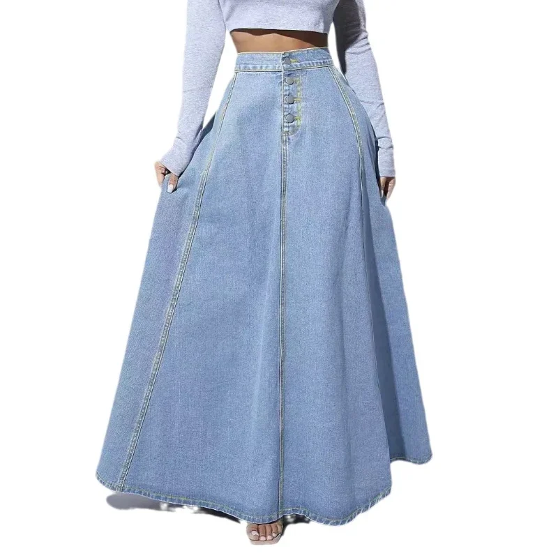 Jupe longue en jean pour femmes, ligne A, simple boutonnage, taille haute, Vintage, Maxi, Simple, décontractée, élégante, épissure, Streetwear Y2k