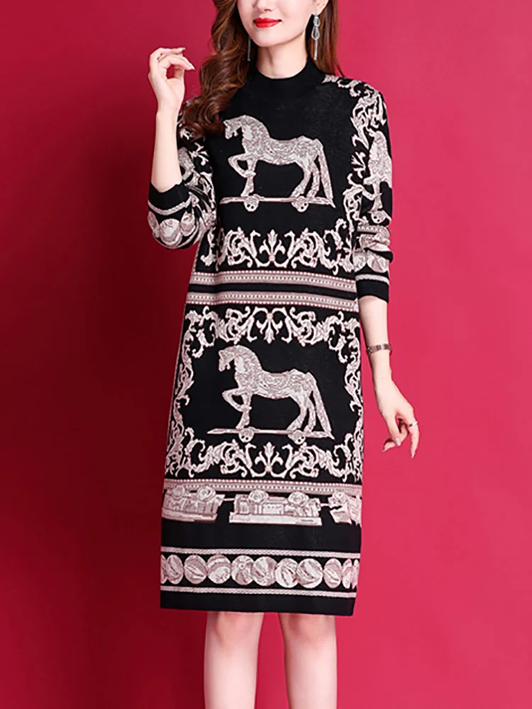 Autumn Winter Black Print Knitted Woolen Pullovers Women Thick Warm Sweater Dress 2024 Korean Vintage Elegant Bodycon Sweaters