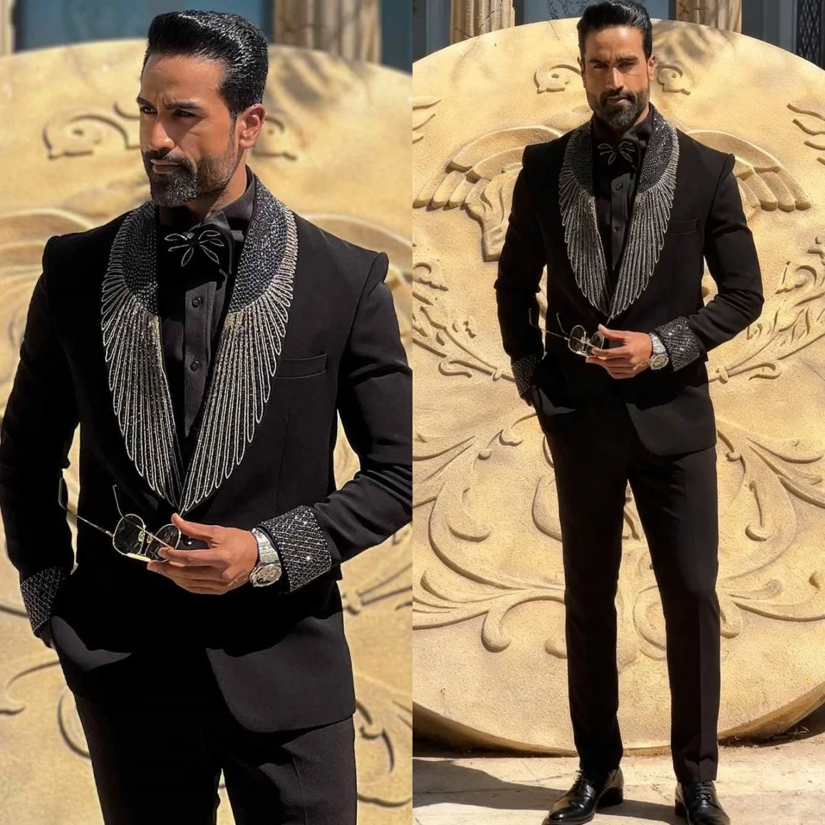 

Luxurious Customized 2 Pieces Men Suits One Button Shawl Lapel Tuxedos Crystals Groom Evening Business Blazers