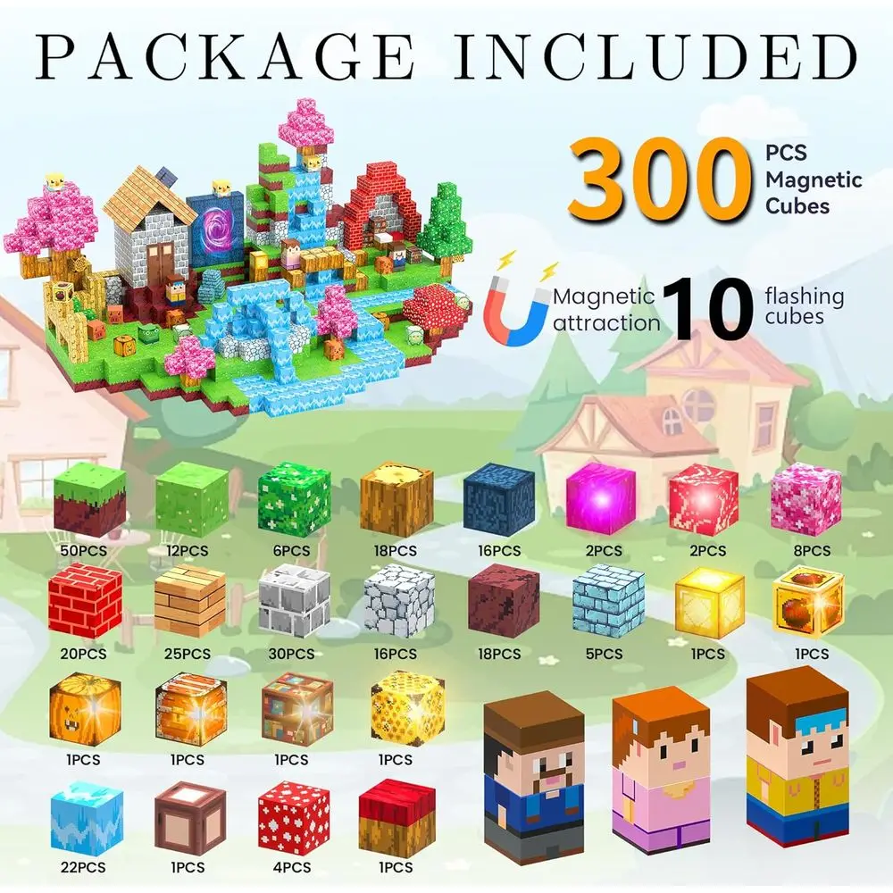 어린이용 라이트업 자석 블록 세트 3세 이상 - 300개 조각, 보관 가방 포함, 3-5세 교육용 선물 (마을 테마)