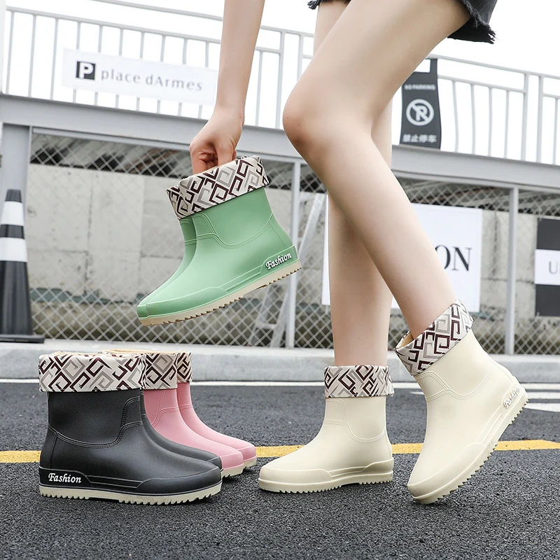 Rainshoes Female Summer Adult Mid Sleeve Martin Boots Water Shoes Anti slip Waterproof Durable Four Seasons Student Versatile