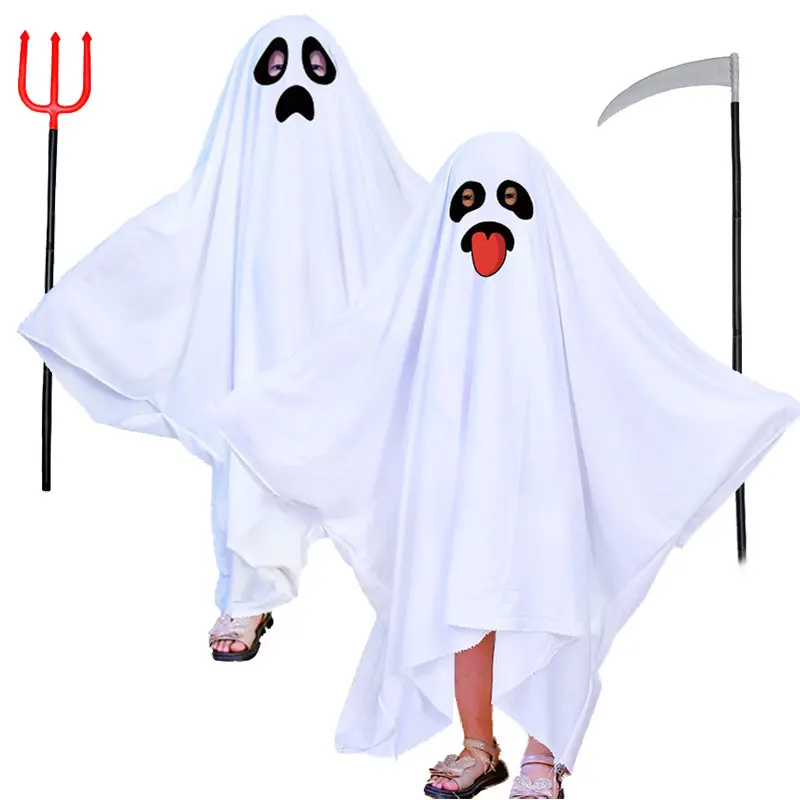 Kids Ghost Costume Long Cloak Cape White Tassels Performance Cosplay Party Dress Up Boys Girls Ghost Halloween Costume