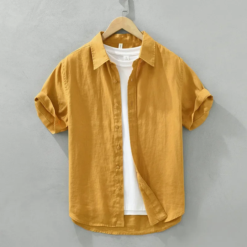 

Breathable Pure Linen Shirts Male Summer Beachwear Short Sleeve Tops Slim Casual Yellow Shirts Japanese Simple Style Clothin