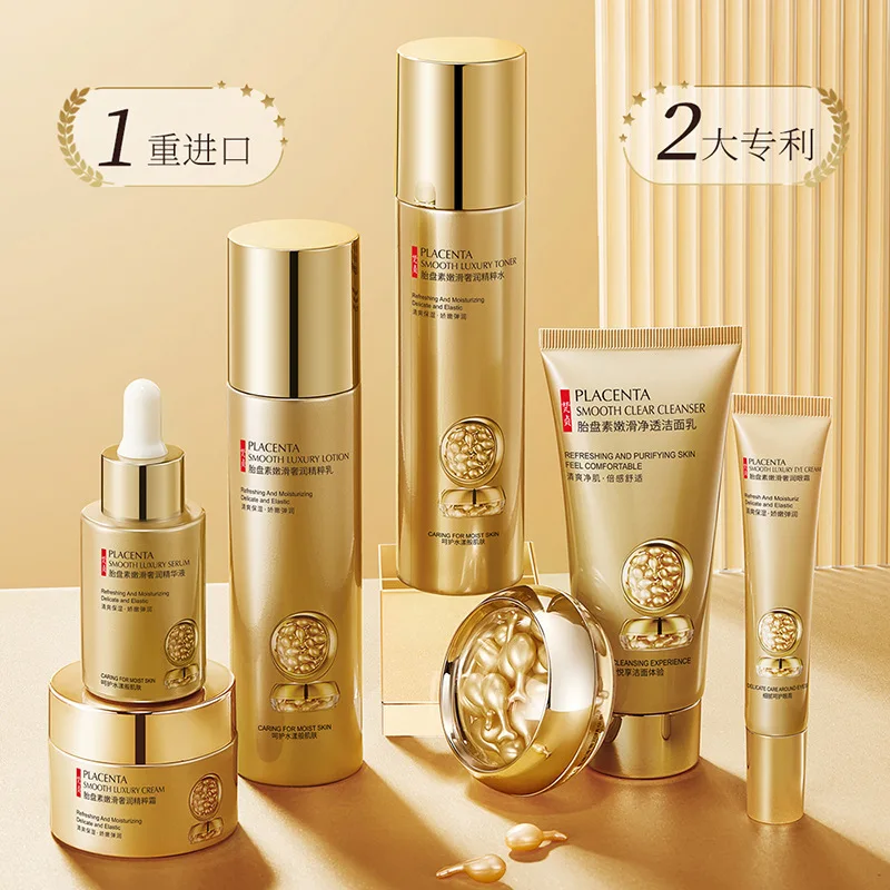 Skin Care Set Face Toner Emulsion Eye Cream Placenta Anti-Aging Serum Reduce Saging Wrinkles Facial Cleanser Kit 7Pcs Boxed