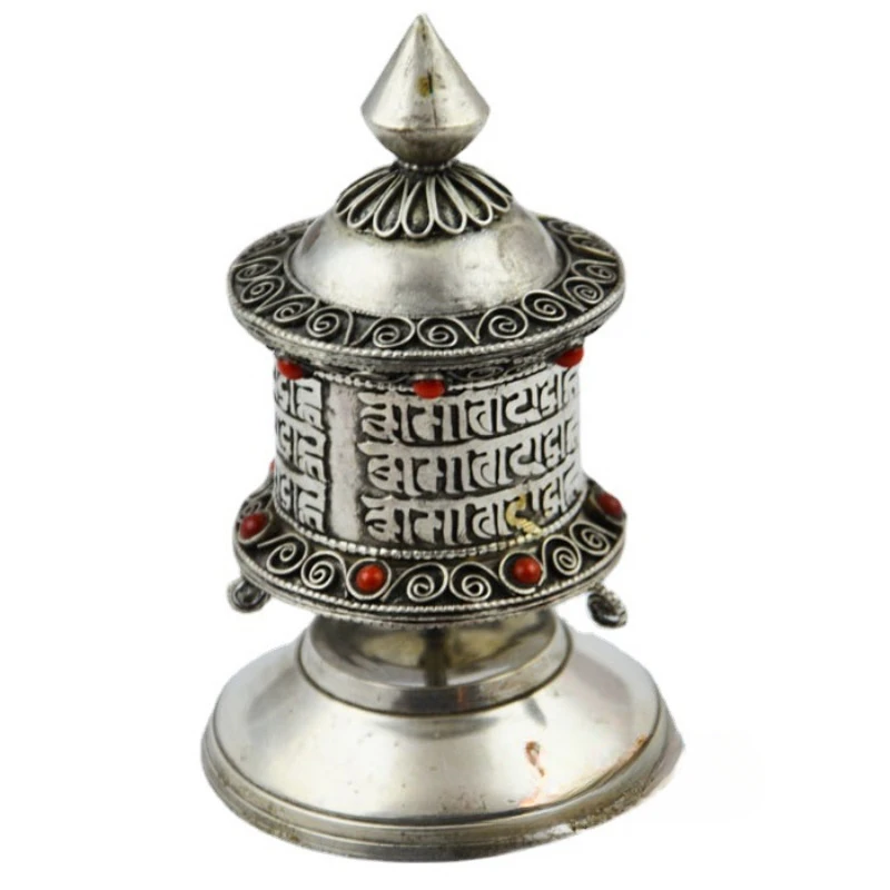 

Tibetan Buddhist Brass Prayer Wheel Model Handcrafted Home Decor Traditional Art Rotate for Peace and Stress Relief