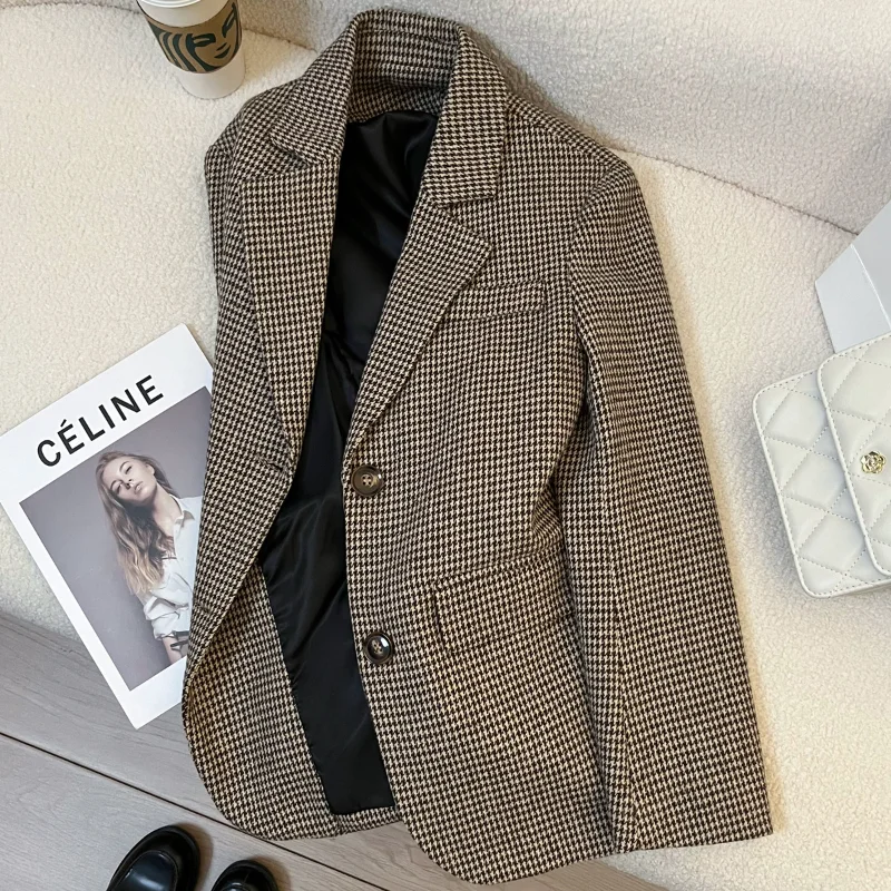 Houndstooth Vintage Tweed Suit Jacket Women's Autumn Winter Basic Office Lady Leisure Long Sleeve Suit Coat