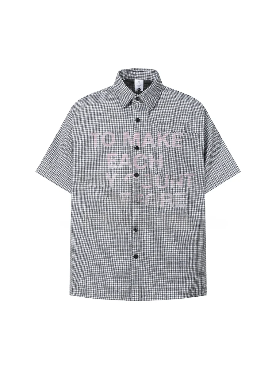 

TR BRUIFT Vintage Street Letter Print Plaid ort Sve Loose Trendy f Sve irt Summer k Sle Collar Button up