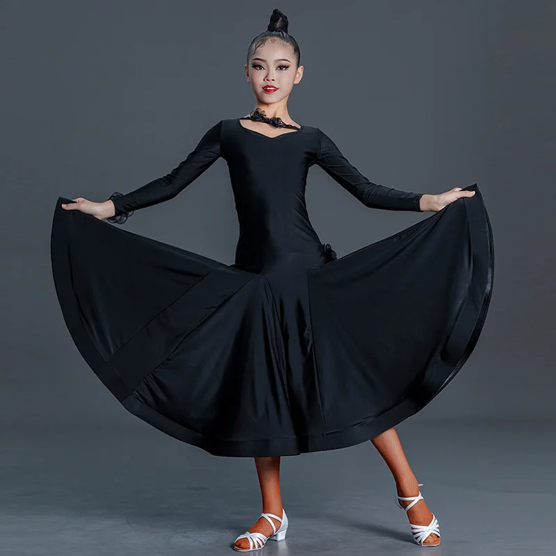 

Black Ballroom Dance Dress Long Sleeve Competition Costume Bodysuit Skirt Girls Waltz Tango Standard Dancing Clothes VDB7973