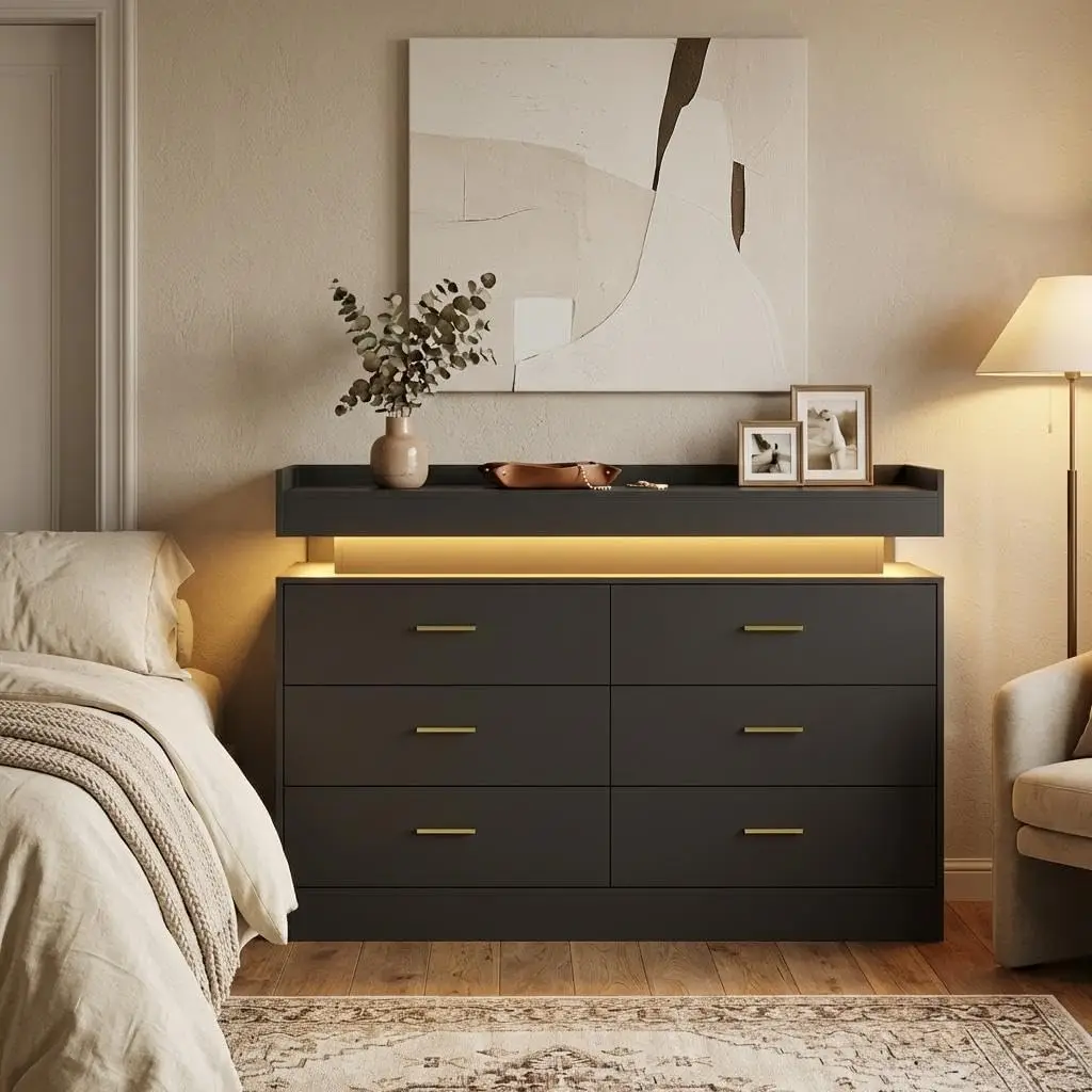 TV Stand Cabinet with LED Lights & Charging Station, Coffee Bar Cabinet Floating Countertop, Modern Sideboard Buffet 6
