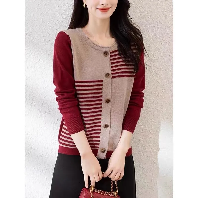 Women Commute Casual Warm Knitwear Autumn Winter Fashion Striped O-neck Knitted Cardigan Soft Comfort Wool Sweaters