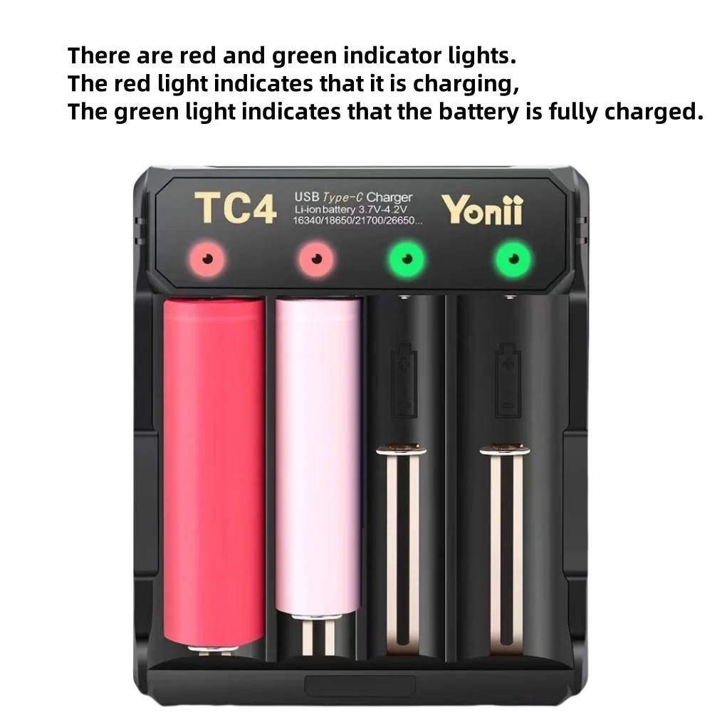 Yonii 4 Slots 18650 USB Battery Charger Portable Charger For 18650/14500/21700 3.7V Rechargeable Lithium Batteries Smart Charger