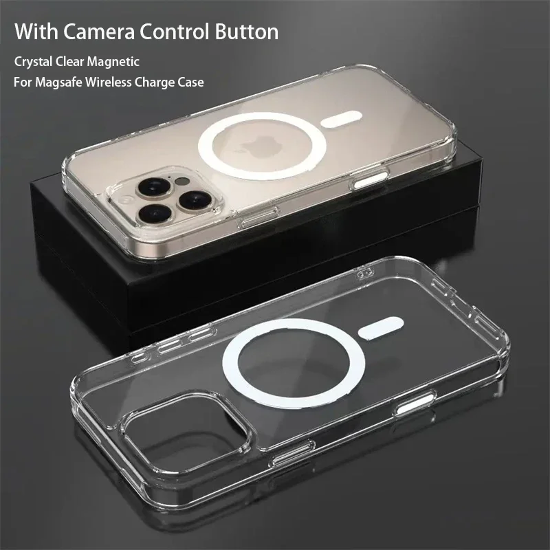Magsafe-iPhone 16 pro max 16plus用のカメラコントロールボタン付きの透明なアクリルケース,磁気ワイヤレス充電付きの耐衝撃ケース