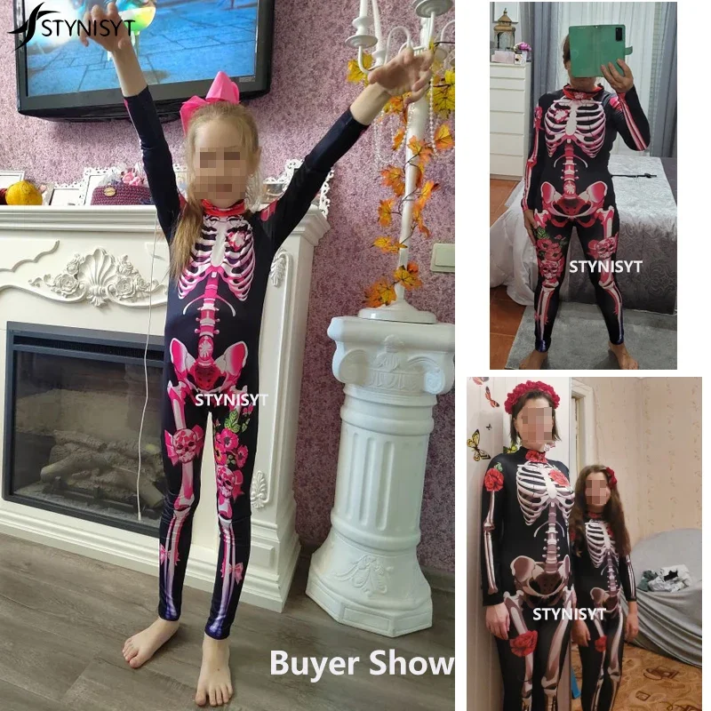 Adult Sexy Women Scary Ghost Costume Rose Skeleton Halloween Sexy Devil  Jumpsuit Kids Baby Girl Carnival Party Day of The Dead