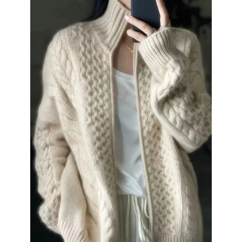 Cardigan tricoté à col roulé épais pour femme, pull ample en laine, grande taille, veste, nouvelle collection automne et hiver