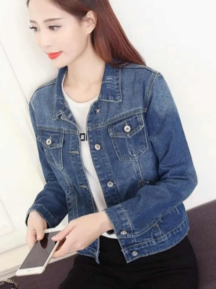 Korean Style Versatile Short Denim Jacket Women's Fashion College Style Casual Spring Autumn Top Buttoned Handmade Worn Pocket