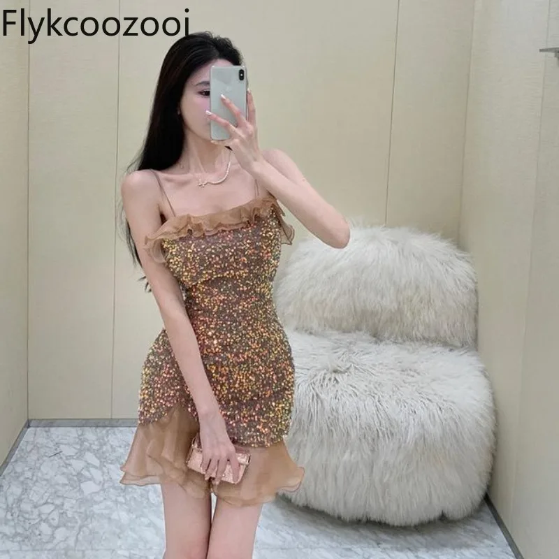 

Celebrity Luxury Sequins Mesh Patchwork Tight Camisole Dress Women Premium Wrap Hip Mermind Dress Summer Formal Eveing Wear