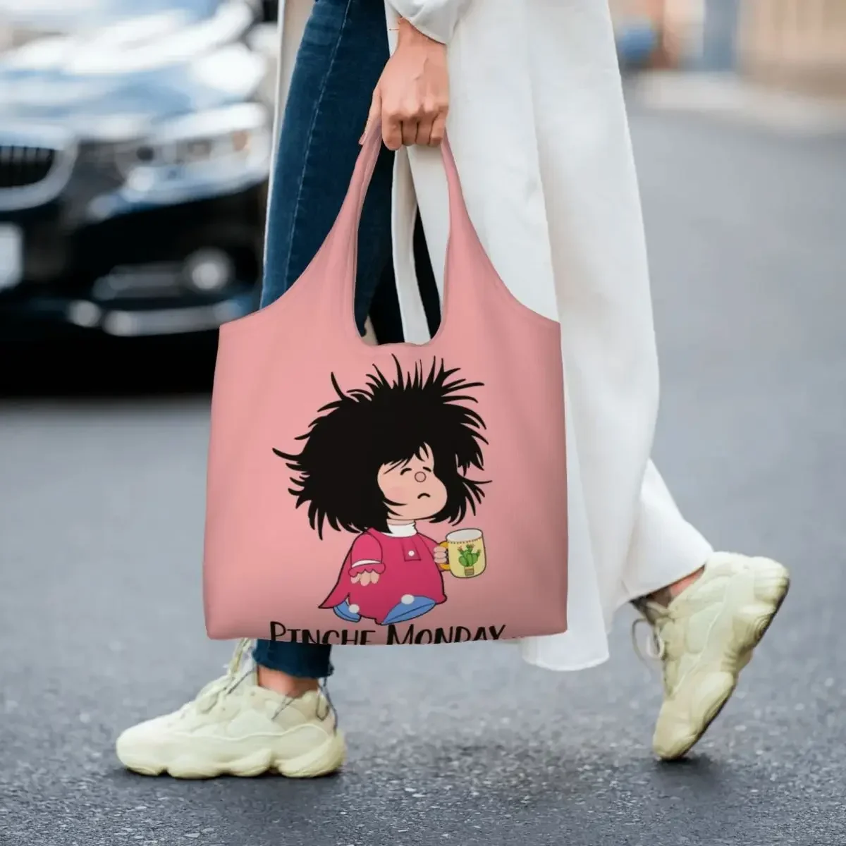 

Custom Pinche Monday Mafalda Grocery Shopping Tote Bags Women Quino Argentina Comic Canvas Shoulder Shopper Bags Big Capacity