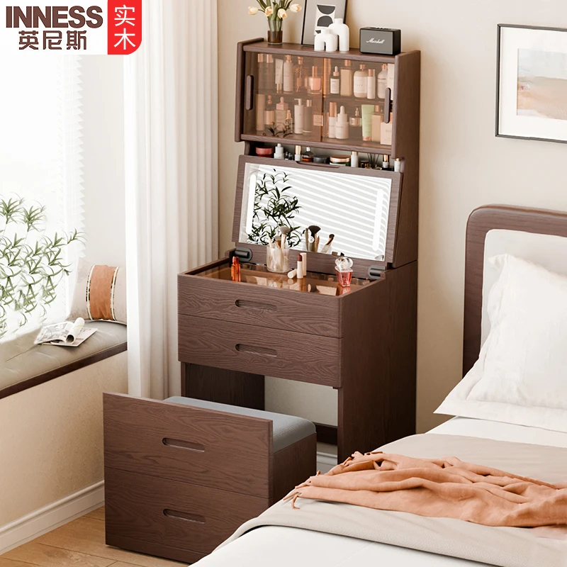 Solid wood dresser small apartment bedroom bedside table integrated modern simple makeup table mini flip cover storage cabinet