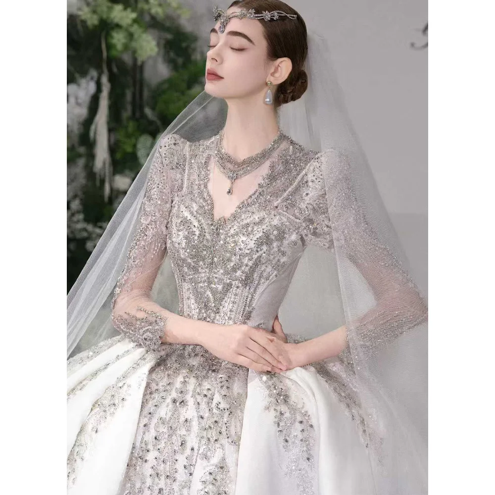 

Customizable 2026 Princess V-Neck Wedding Dress Long Sleeves Beaded Crystal Vestido De Casamento Noiva
