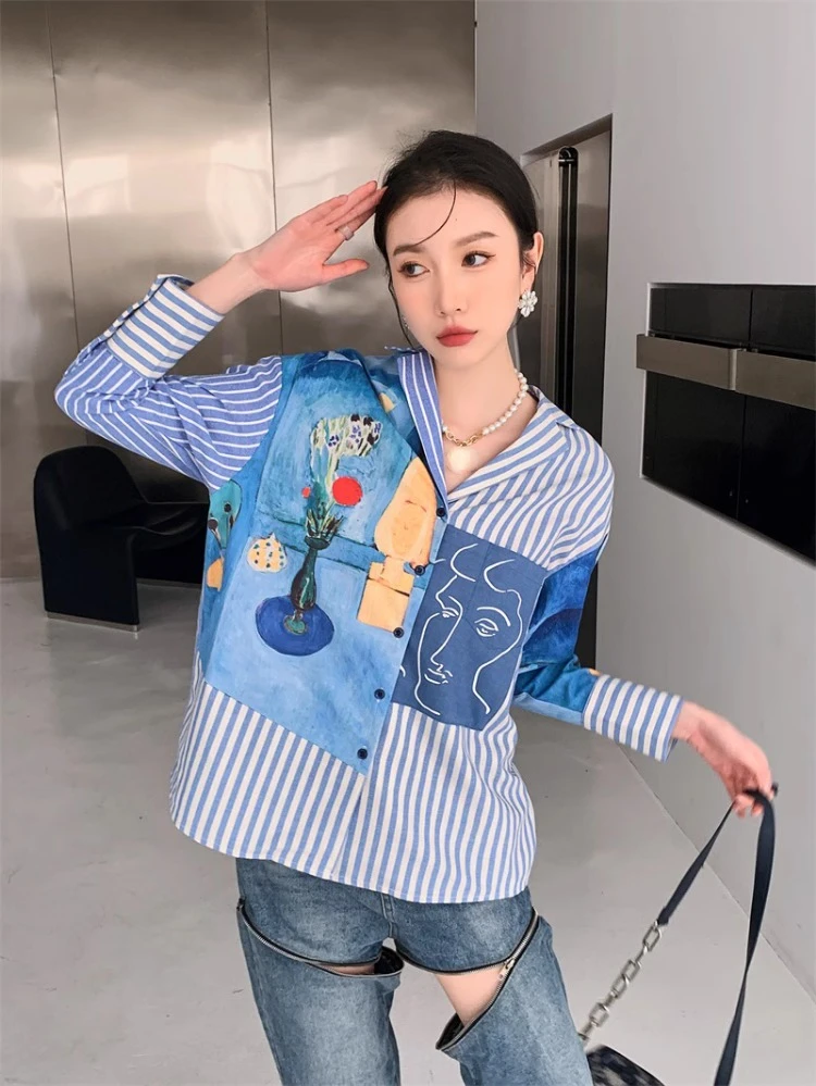 Korobov New Vintage Blouses Oil Print Patchwork Striped Asymmetrical Tops Mujer Long Sleeve Shirts for Women Camisas E Blusas