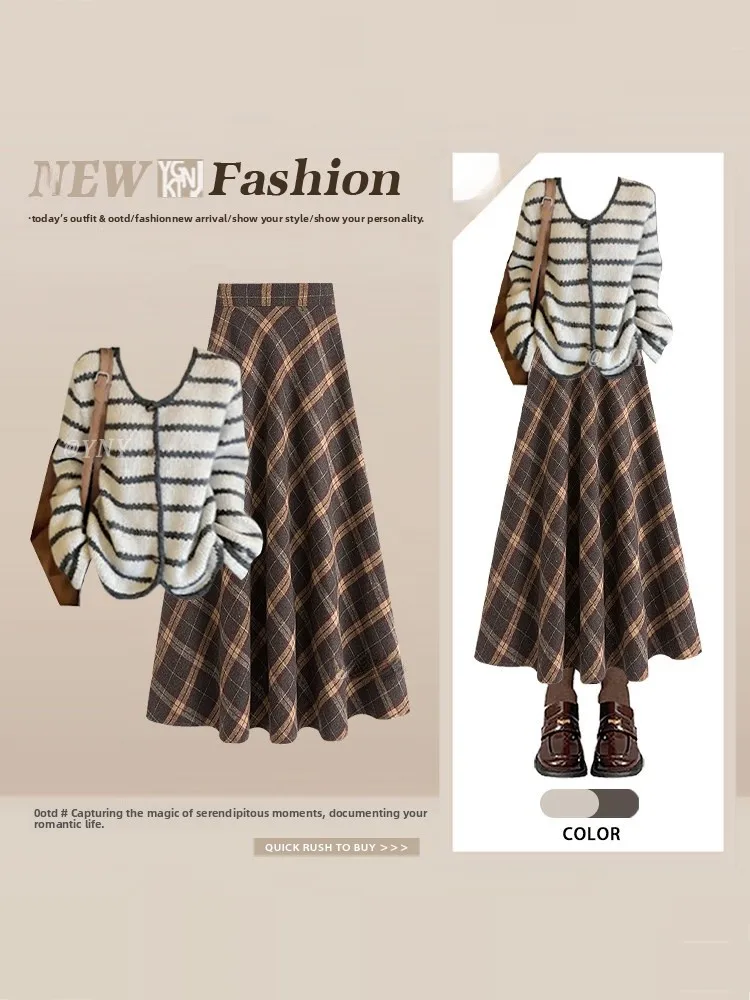 

Retro Loose Color Blo Knitwear Women's High Waist Plaid Skirt Set Spring Aosphere Small Stature Faionable Outfit