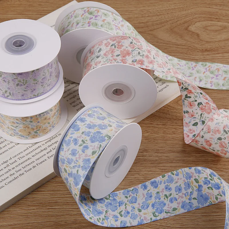 5yards Elegant Pastoral Flower Printed Ribbon for Clothing Sewing Supplies DIY Hair Bows Gift Wrapping Craft Accessories