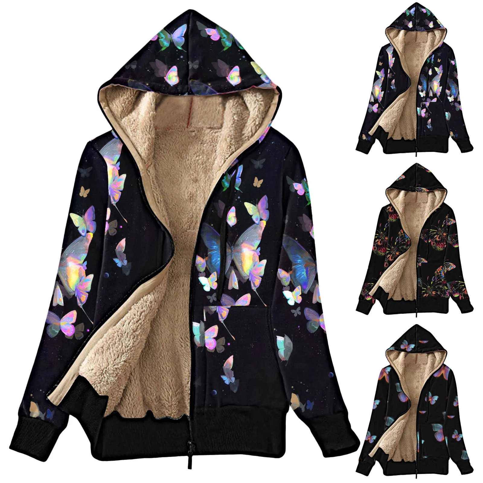 Butterfly Printed Warm Fleece Zipper Women Hooides Jackets 2024 Autumn Sherpa Lined Loose Casual Outwears Street Cardigan Coats