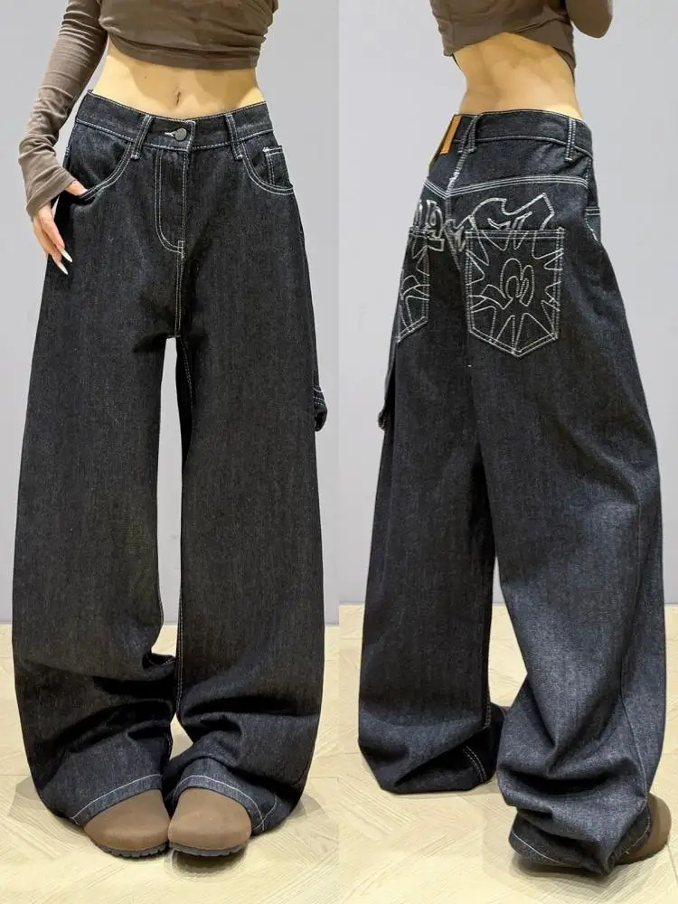 بنطلون جينز أمريكي عتيق مطرز بأرجل واسعة فضفاض على الموضة الكورية للنساء من قماش الدنيم 2000s Y2k بنطلون أنيق للأصدقاء #1