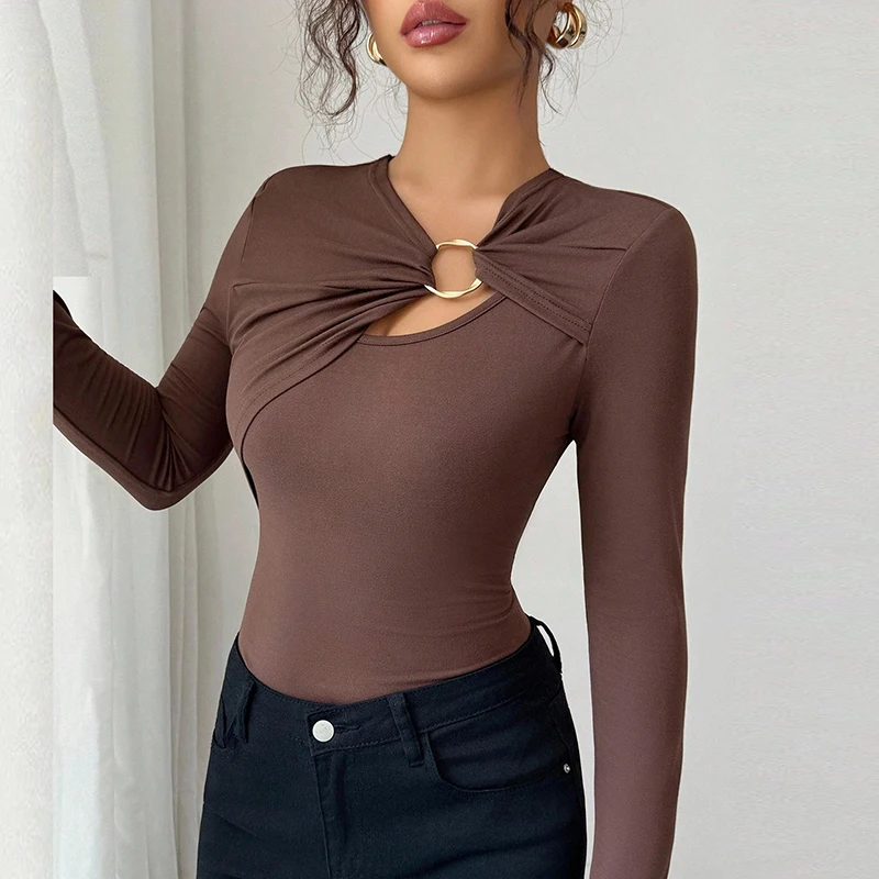

New Basic Tee Shirt Women Elegant Slim Long Sleeve T Shirts Woman Fashion Spring Autumn Hollow Out Hoop Design Basic Tops Woman