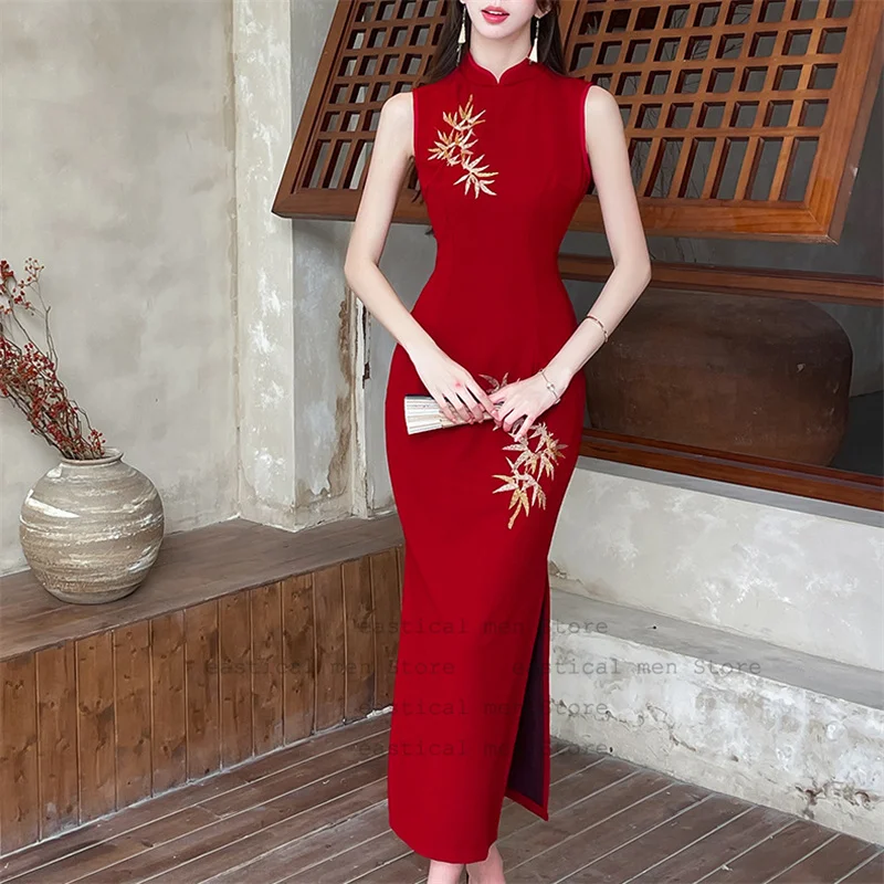 

2025 New Sleeveless Qipao Women Bamboo Leaf Embroider Chesongam New Chinese Style Dress Women Party Vestidos Robe Gown