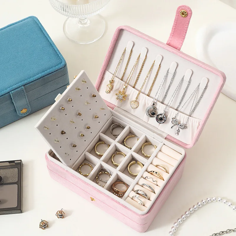 二層ベルベットジュエリーオーガナイザーボックス、ネックレス、指輪、イヤリング用、多区画収納ケース、柔らかい生地の裏地付き