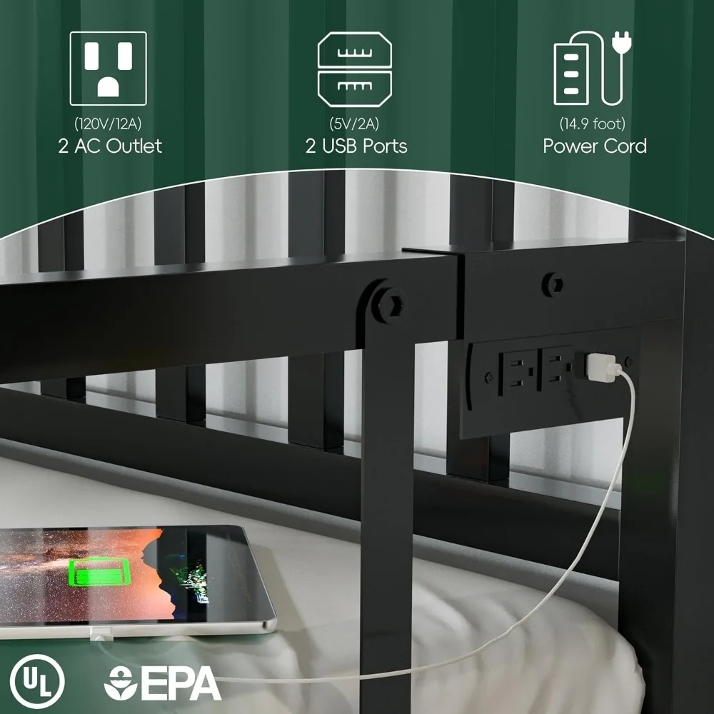سرير نهاري مع سرير دولاب، إطار سرير مزدوج مع قاعدة شحن وأضواء LED، أريكة معدنية سرير نهاري مع دولاب منبثق وفولاذ