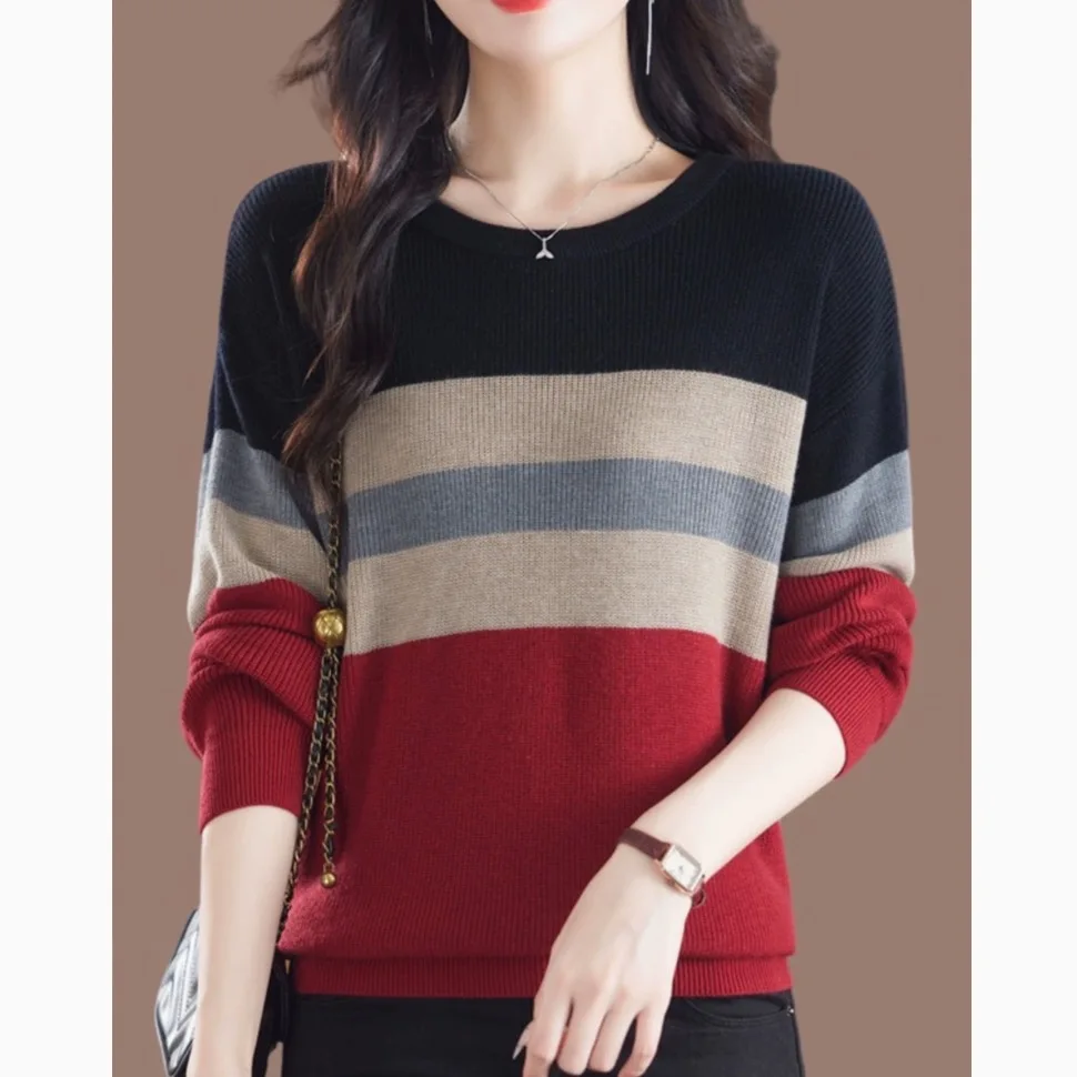 

Осень-зима, повседневный полосатый цветной топ Blo Camere, круглый вязаный свободный свитер, удобный теплый модный женский топ
