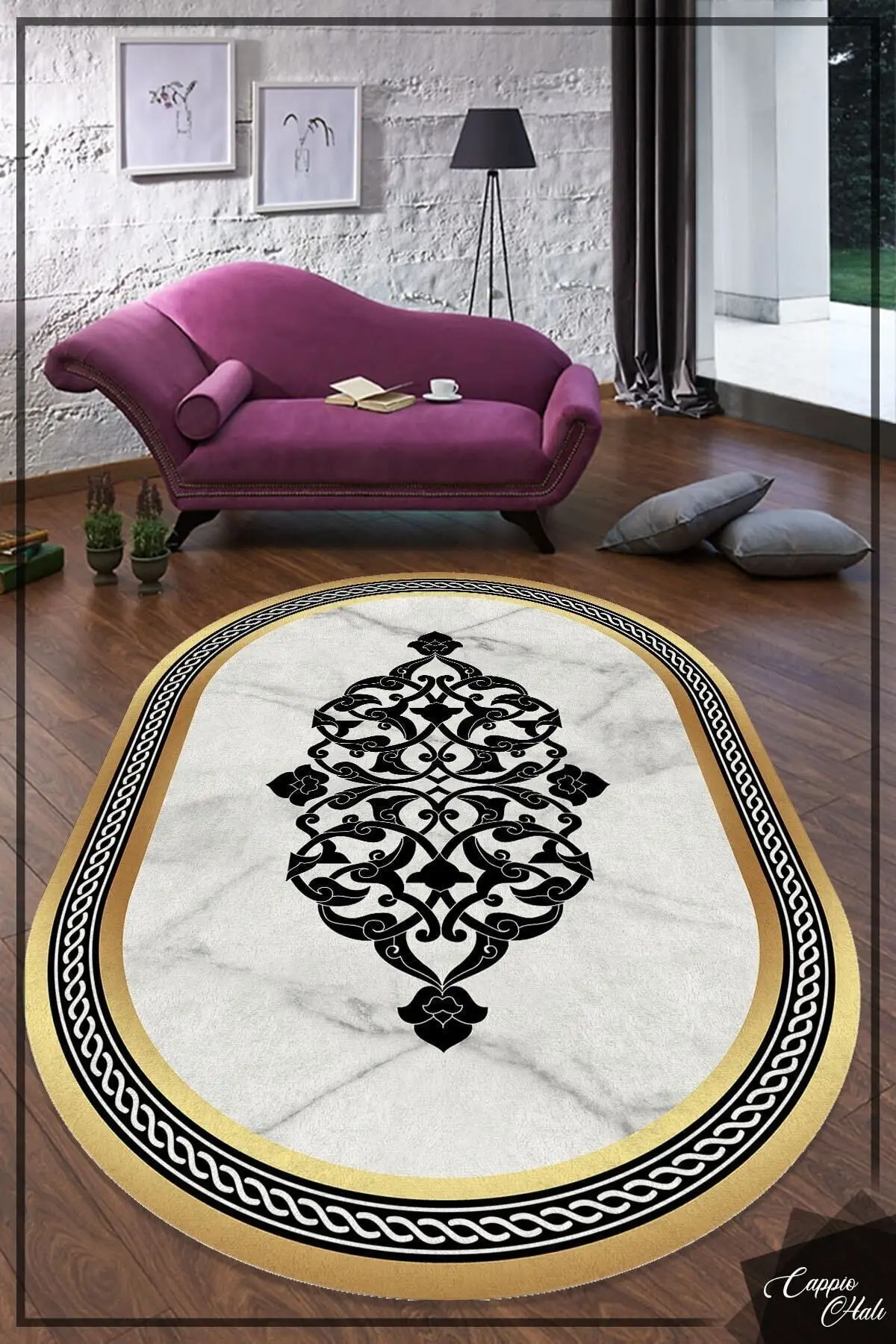 

DOLBOVI Gold framed marble floor with Oval carpet (machine washable non-slip leather base)-Cp1022