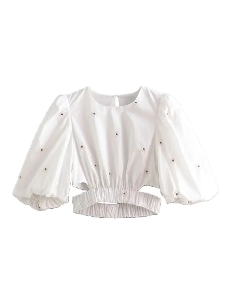 

Nlzgmsj ZBZA 2023 Sweet Fashion Floral Embroidery Cropped Blouses Vintage Puff Sleeve Hollow Out Female Shirts Chic Tops 202303