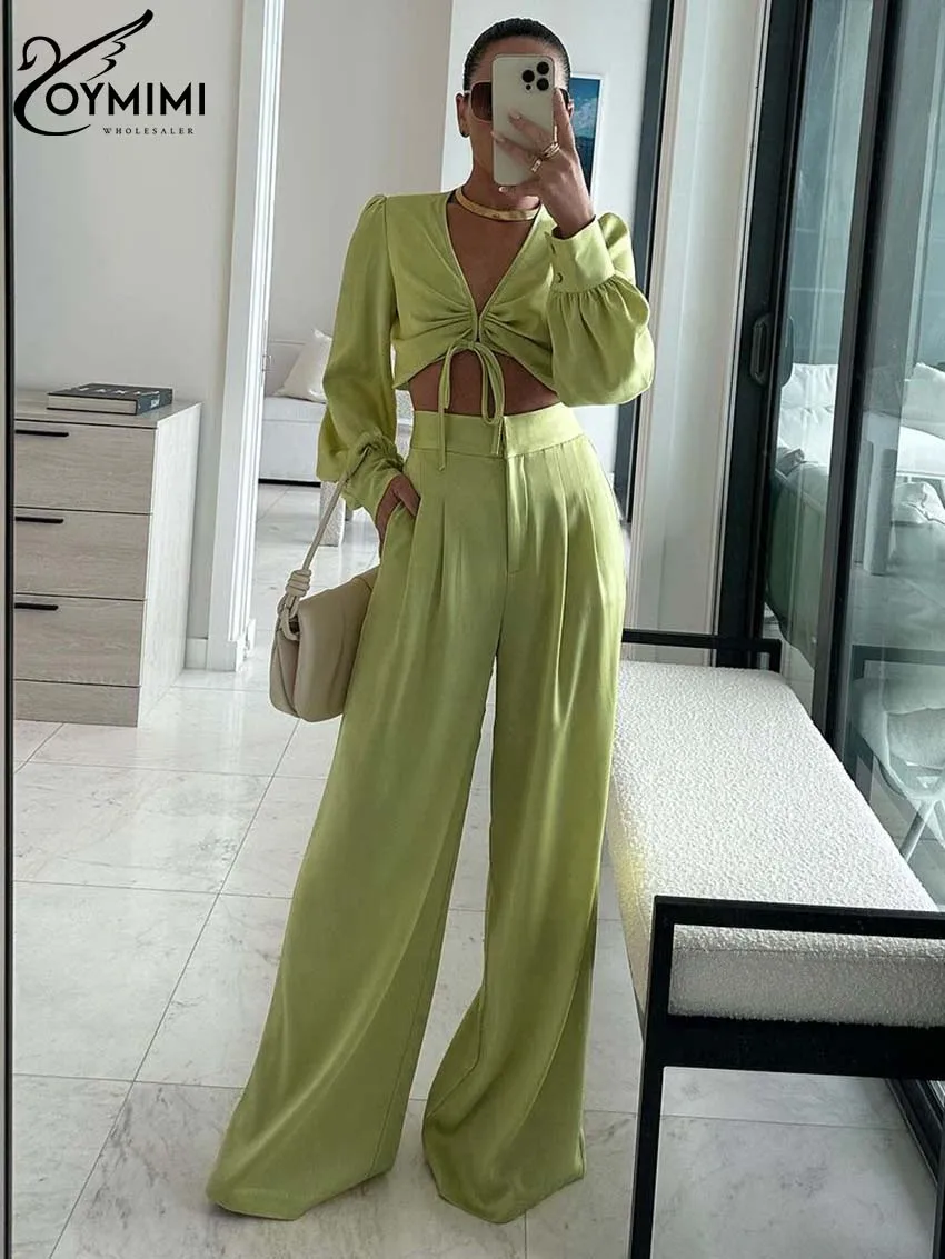 Oymimi Fashion Green Women Two Piece Set Elegant Long Sleeve Lace-Up Crop Tops And High Waisted Wide Leg Panst Sets Streetwear
