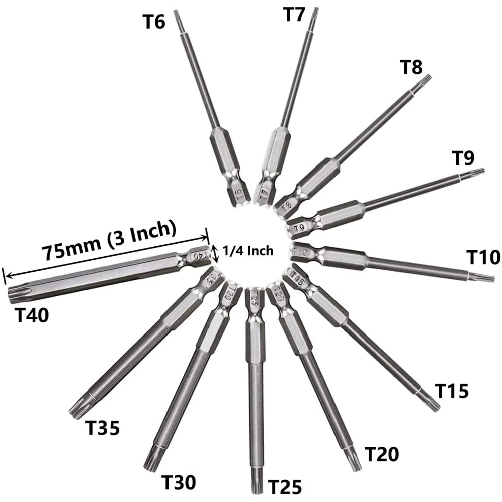 11PCS 75/100mm S2 Alloy Steel Torx Screwdriver Bits Tool Set 1/4 Hex Torx Socket Set Handle Tools Electric Screw Driver Set