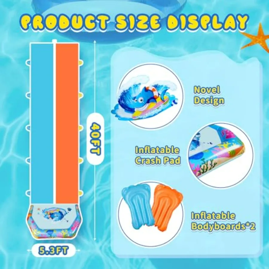 Backyard water slides for kids and adults: heavy-duty inflatable double slip and water slide in blue, extra-long lawn design wi