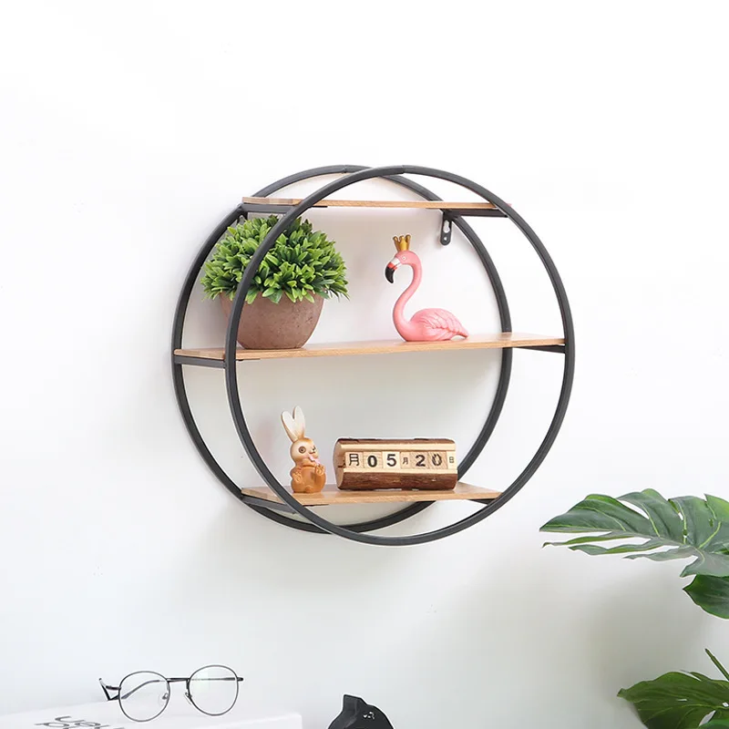 European Wall Mounted Iron Wood Shelf Vintage Round Storage Rack Decorative Organizer Display Hanging Shelf for Living Room