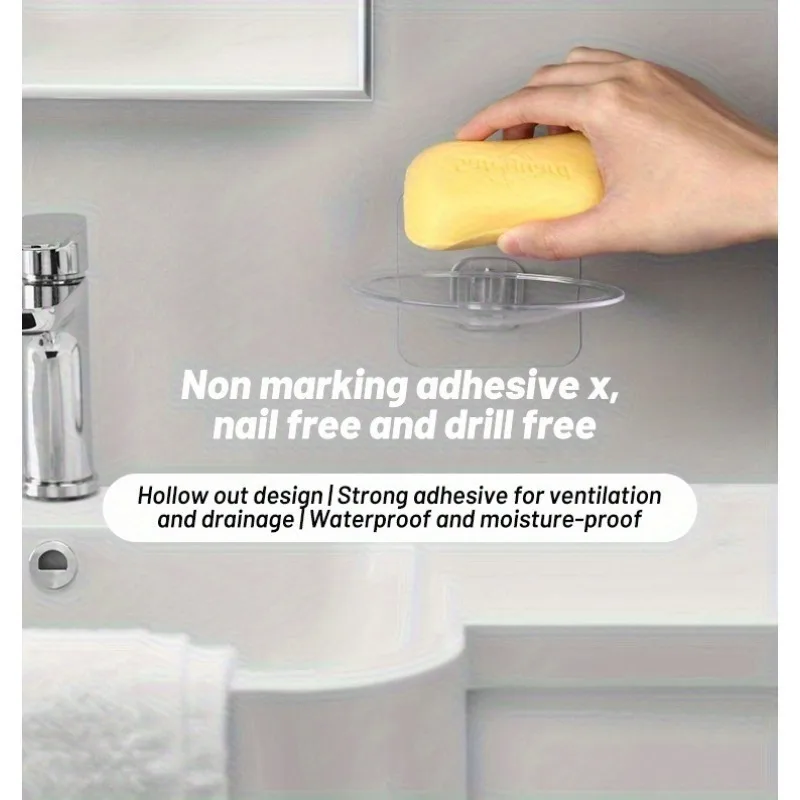 Wall-mounted soap box without holes, transparent soap tray with drainage function, suitable for bathrooms, kitchens and campers