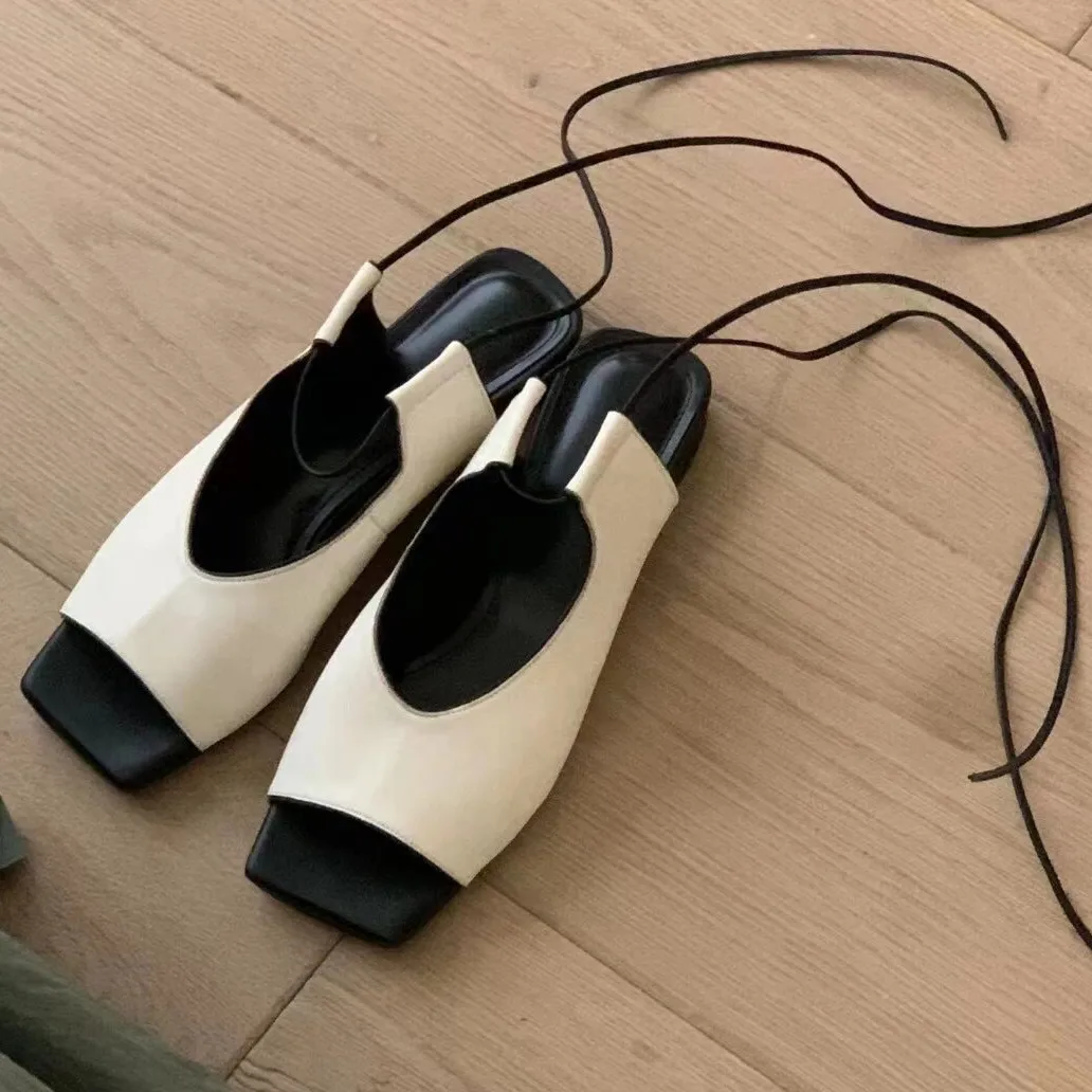 

Women's Square Toe Mule Sandals Lace-Up Detail with Flat Sole for Daily Wear Office Outfits Modern Minimalist Fashion Statements