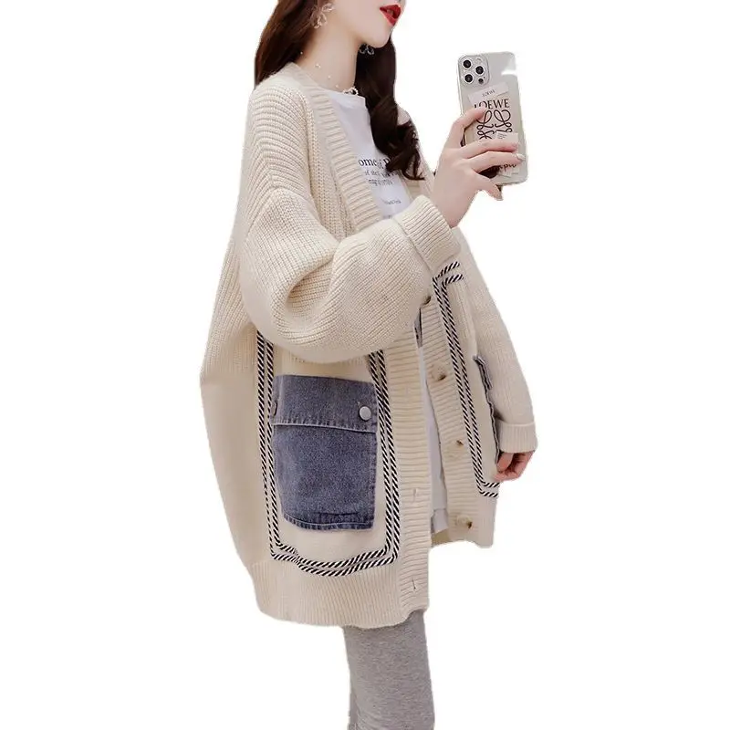 

Осень-зима 2022, женский вязаный свитер, кардиган, пальто, свободная верхняя одежда больших размеров, повседневный топ с v-образным вырезом, женские однобортные куртки