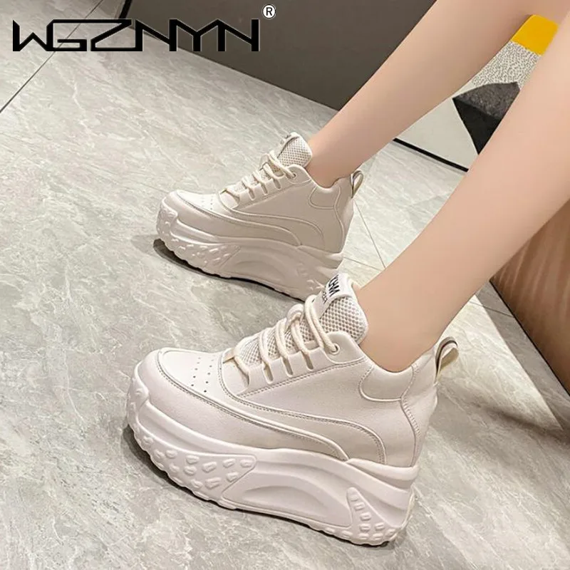 NEW Women Platform Breathable Leather Shoes Autumn Chunky Sneakers 10CM Wedge Hidden Heels Leisure Sports Casual Dad Shoes Woman