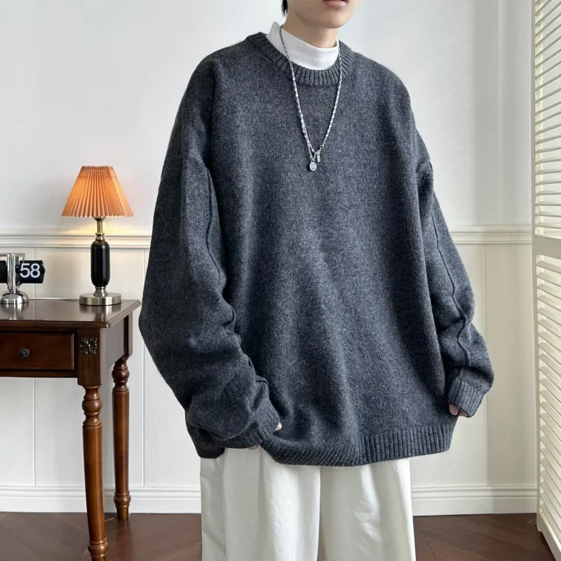

Hong Style Soft Warm Round Neck Sweater Men Loose Fit High-end Simple Versatile Basic Knitted Top Outerwear