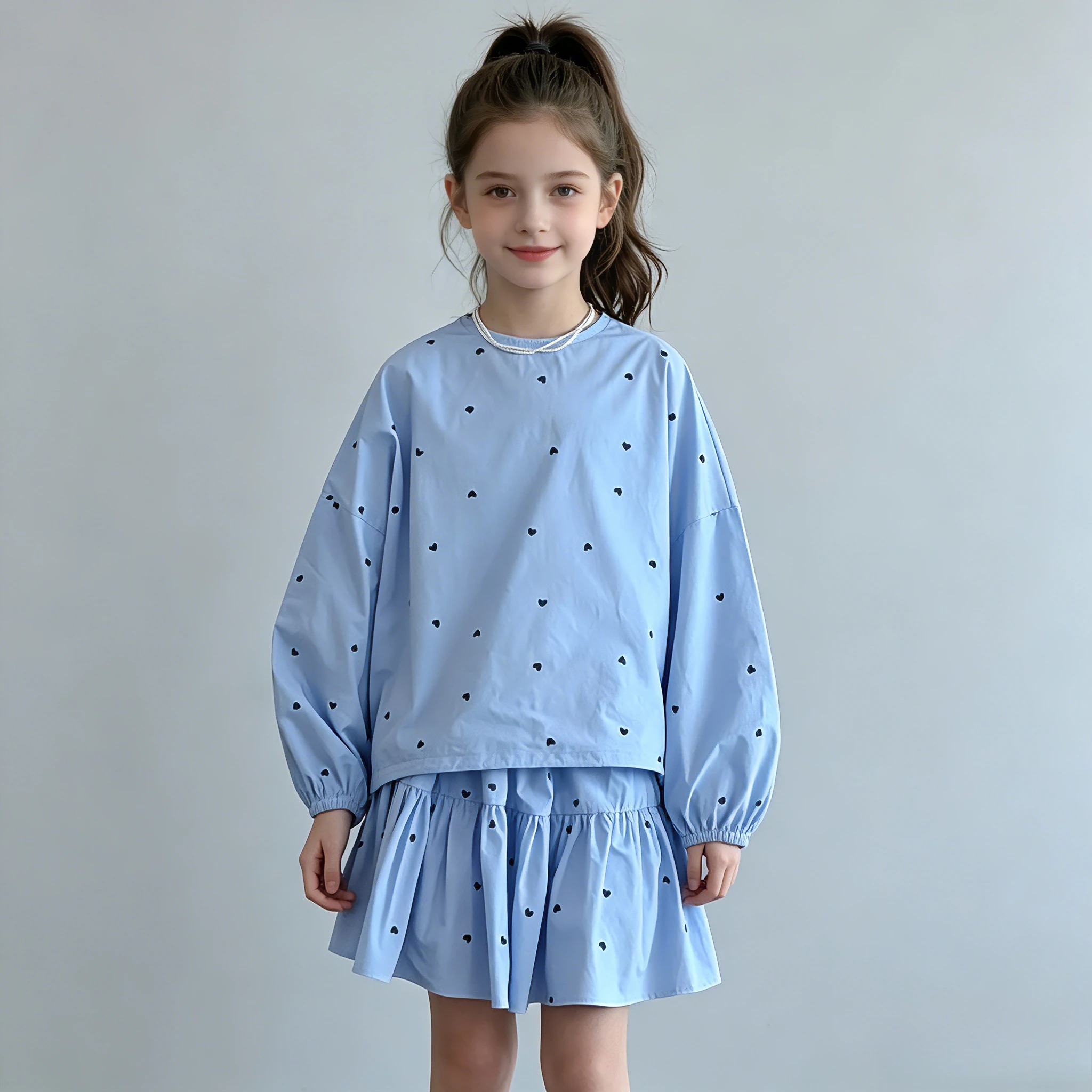 

Girls 2Pcs Blue Heart Print Long Sleeve Top & Skirt Set Casual Outfit for Kids School Daily Birthday Party Performance Costume