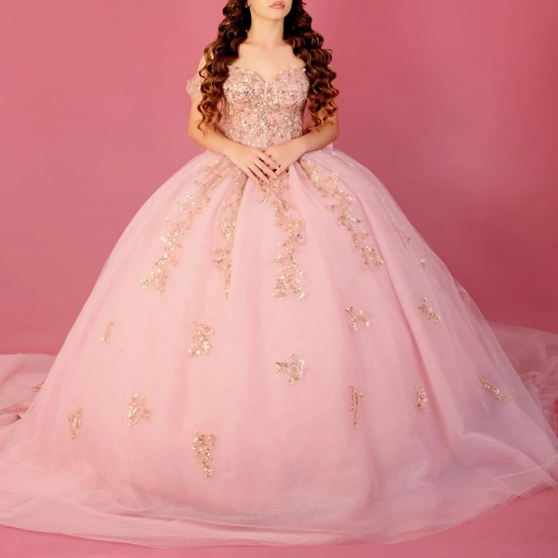 

Розовые блестящие платья Quinceanera с открытыми плечами, аппликация, кружево, бисер, тюль, корсет, вечерние, день рождения, сладкое платье 16, Vestidos 15 De