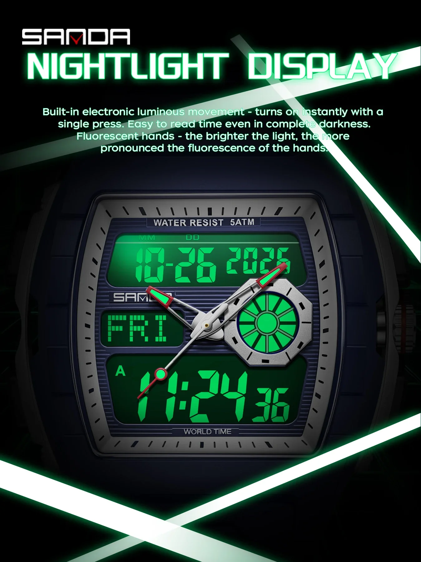 Afbeelding 5: SANDA elektronisch herenhorloge, multifunctionele wekker, kalender, LED, lichtgevend, waterdicht, schokbestendig, mode, digitale herenhorloges
