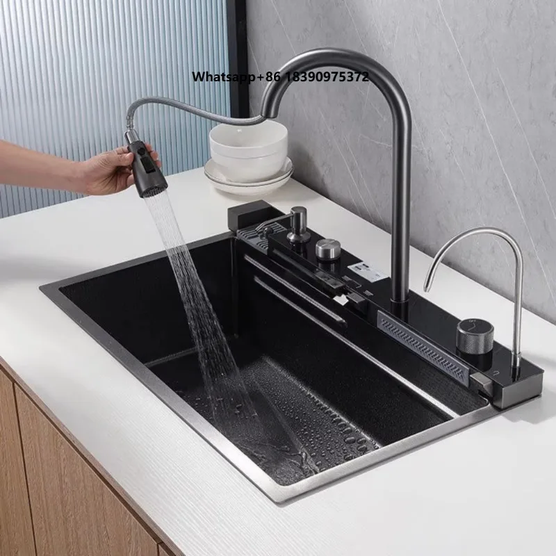 Thickened Piano Key Multifunction Sink Anti-Scratch LED Digital Display Waterfall Kitchen Sink With Cup Washer