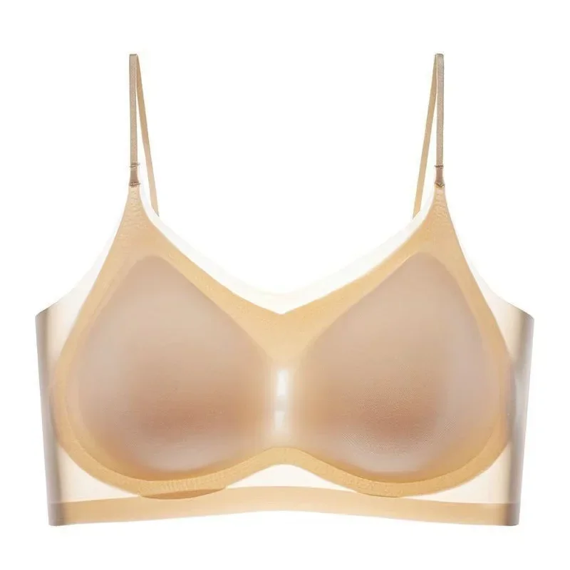 Plus-size ice silk breathable strapless bra without underwire, with a gathering effect and cool inner lining